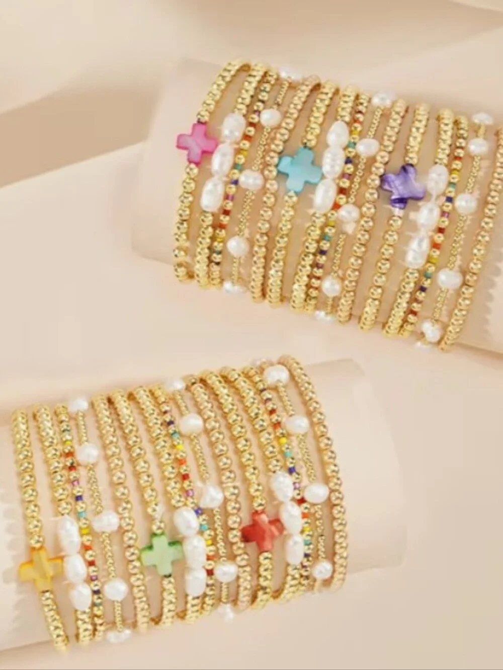 NWT 14K Gold Plated Pearl Beaded Cross Bracelet Stack 5 Pc Set Black - Picture 6 of 6
